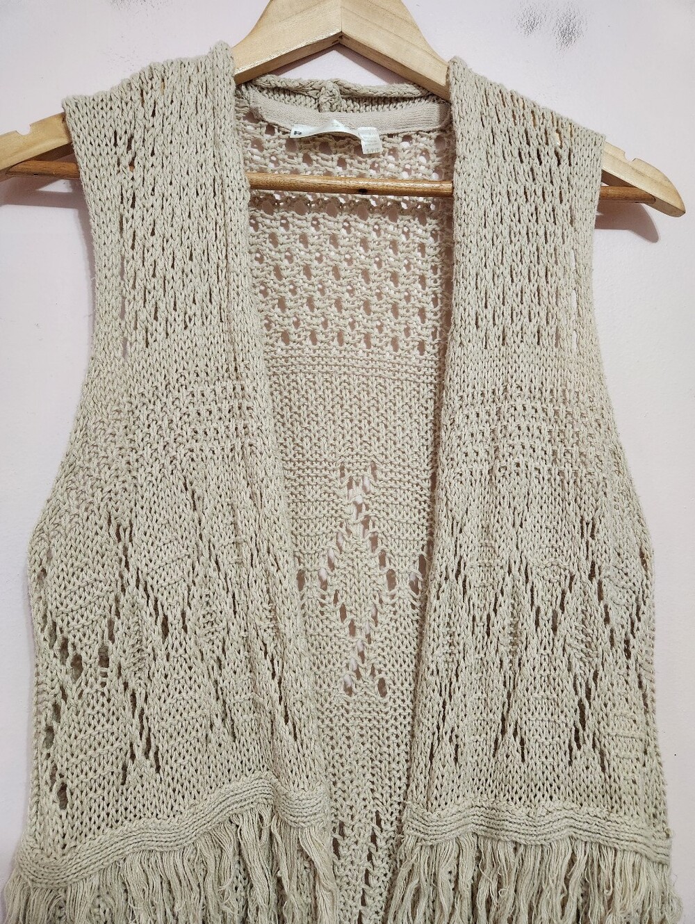 Retrod Boho Open Knit Crochet Fringe Sleeveless Long Duster Vest Oatmeal Size S - Picture 2 of 8